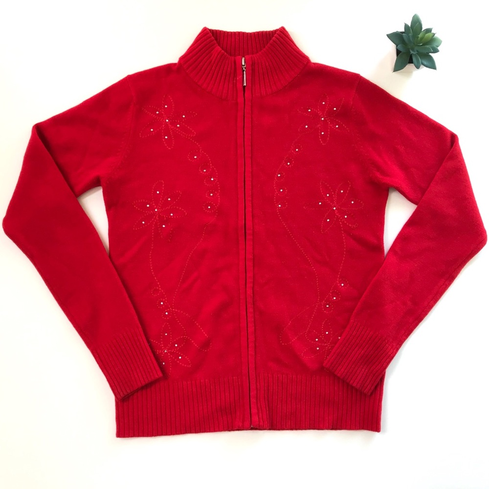 GRACE Red Long Sleeve Rhinestone ZIP-Up Size L/XL